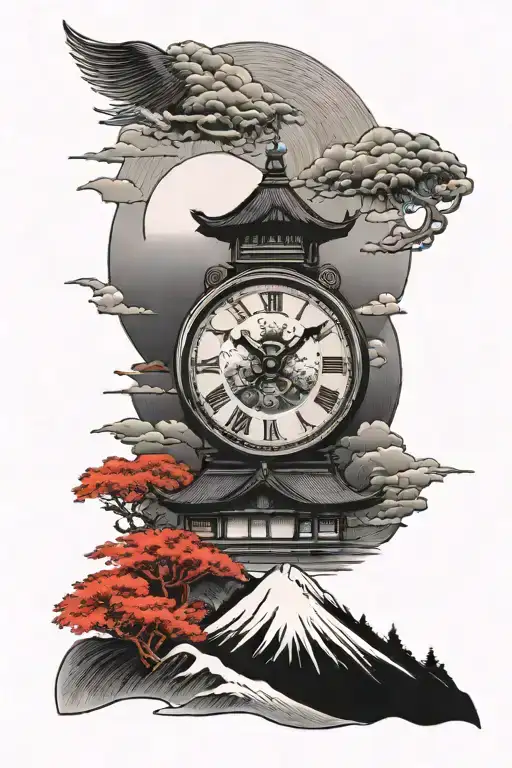 Mount Fuji With Red Sun And Clock