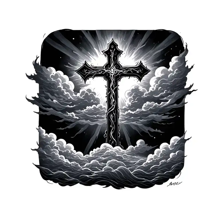 Cross Tattoo With Clouds At The Bottom And Fadded At The Bottom