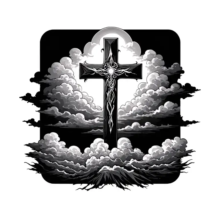 Cross Tattoo With Clouds At The Bottom And Fadded At The Bottom