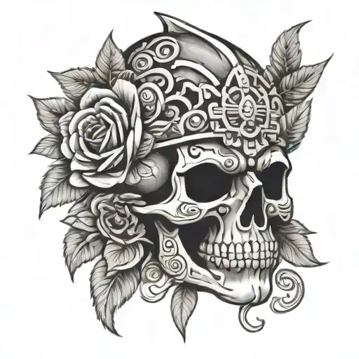 Aztec Skull With Roses Intertwined