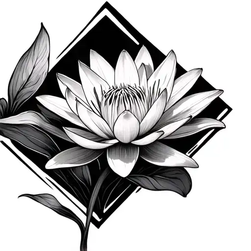 Black And White Water Lily Inside Diamond Shaped Line Outlining