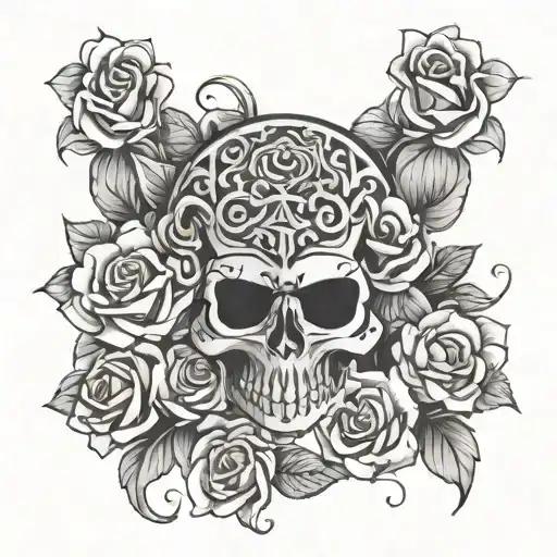Aztec Skull With Roses Intertwined And Shaded