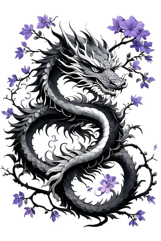 Korean Dragon Intertwined With Vines And Violet Flowers