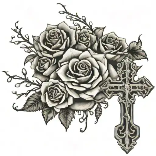 Cross With Rosary And Roses And Thorns
