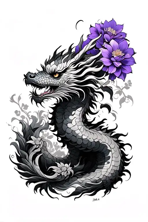 Korean Dragon Surrounding Violet Flowers