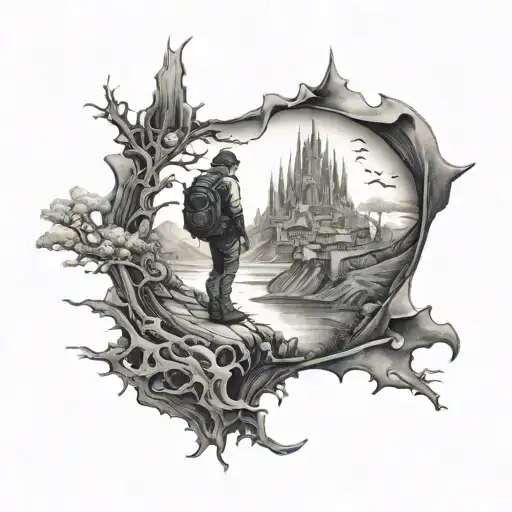 A Surreal Tattoo Of A Traveler Exploring A Dark And Mysterious World Inspired By Gothic Arts