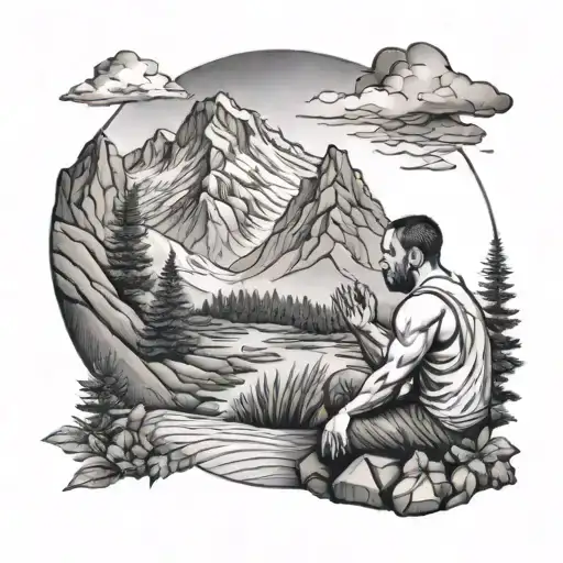 Man Praying Beneath Mountains With Nature