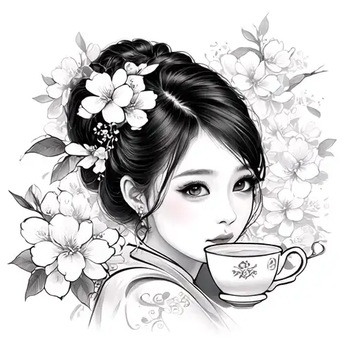 Cup Of Tea Japan Girl With Sakura