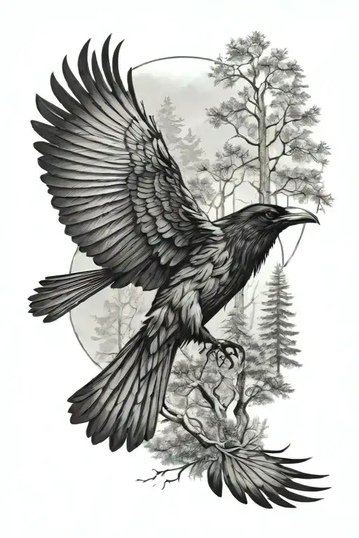 Raven Flying In A Forest