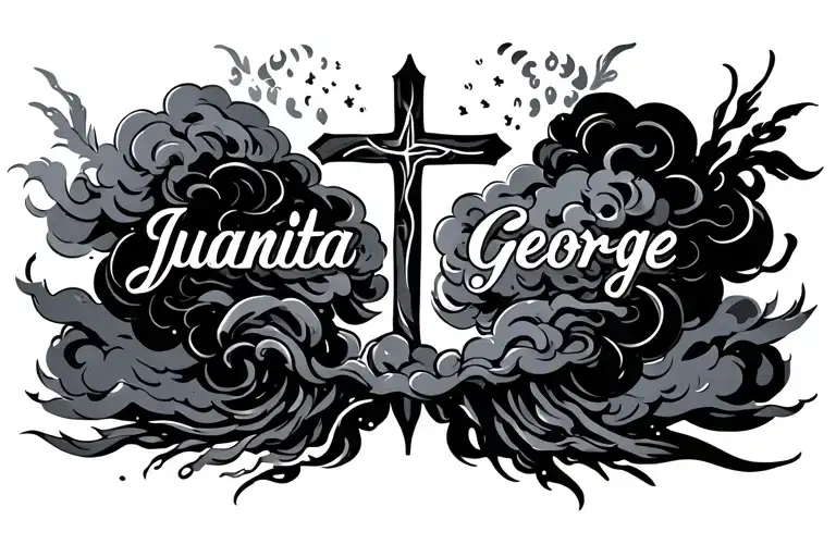 Juanita And George Written Side By Side With A Cross In The Middle And Clouds Around