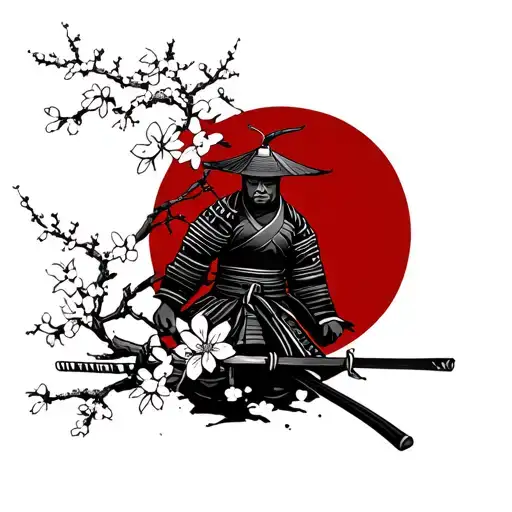 Samurai With Dojo And Cherry Blossom