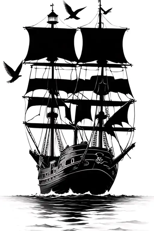 Pirate Ship In Front Of Lighthouse With Swallow Flying