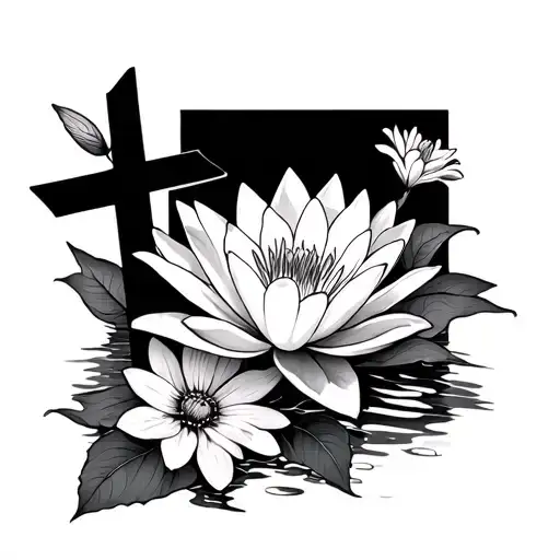 Cross And Water Lily And Cosmos Flowers