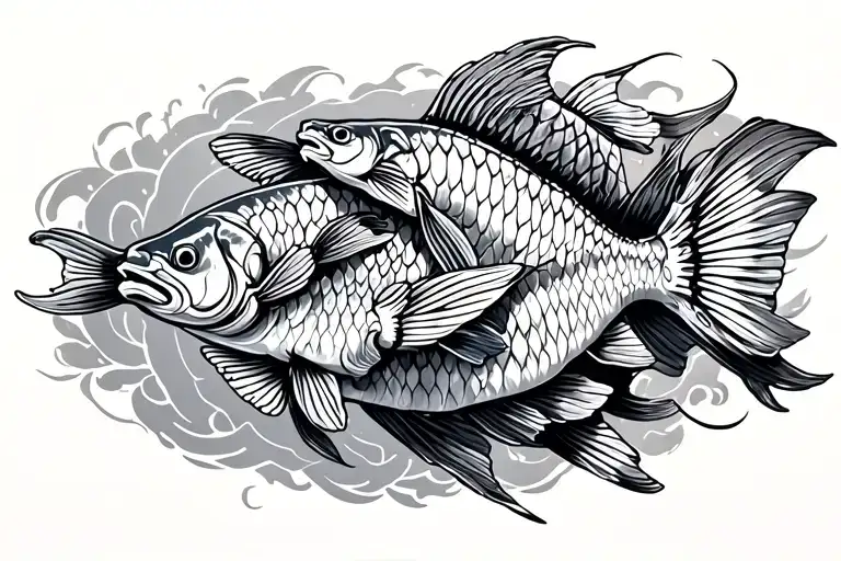 Multiple Coi Fish Swimming Up And Down The Spine