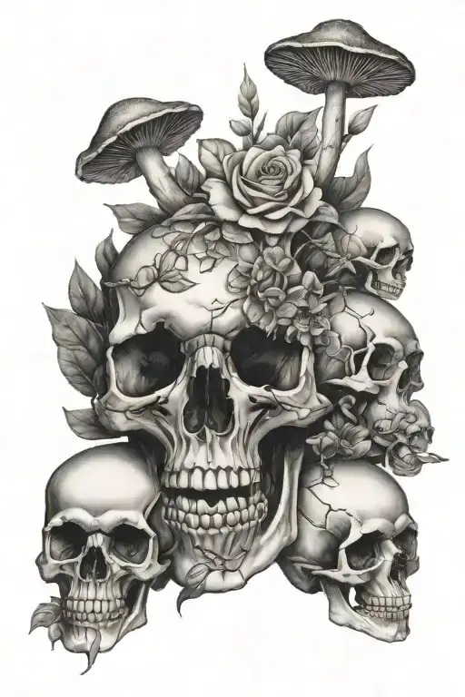 Flowers And Mushrooms Growing Out Of A Human Skull