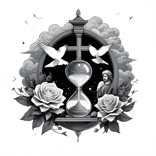 A Man In The Gate To Heaven Coming To Him Clouds Birds Cross Hourglass Rose White