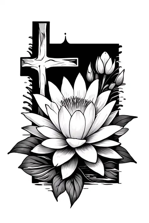 Cross And Water Lily And Cosmos Flowers