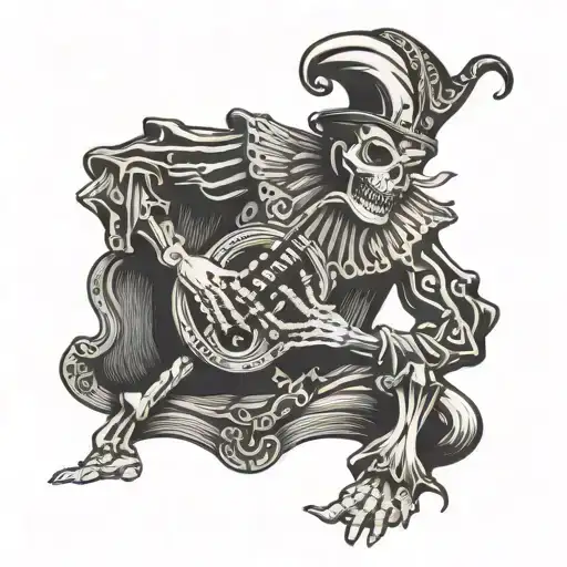 Skeleten Court Jester Playing A Pan Pipe Woodcut Style