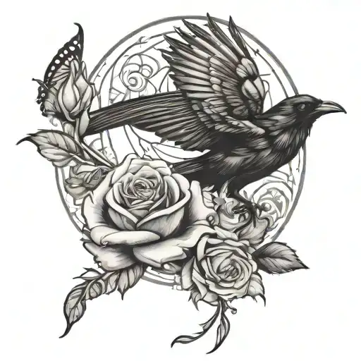 Crow Chasing The Butterfly With A Rose Growing