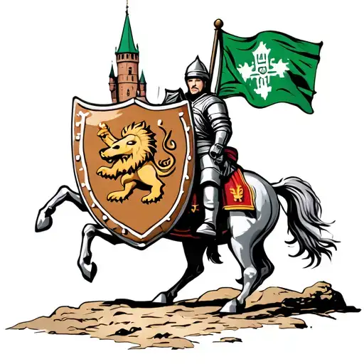 Knight On Half Horse With Ginger Bread Shield Holding Czech Lion Flag Behind Him Green Tower