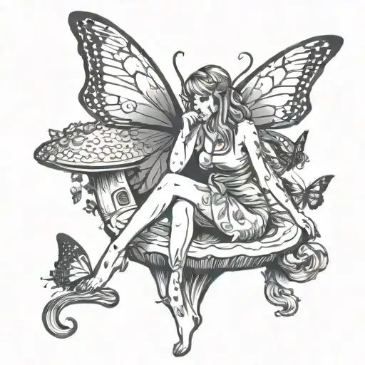 Fairy Sitting On A Mushroom Reading A Book With Butterflies Flying Around