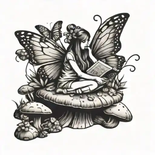 Fairy Sitting On A Mushroom Reading A Book With Butterflies Flying Around