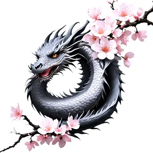 A Realistic Dragon Wrapped Around Cherry Blossom Flowers