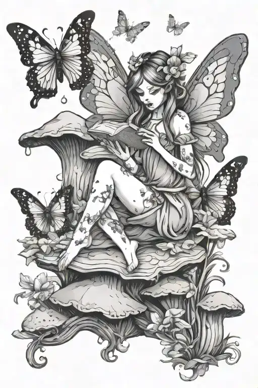 Fairy Sitting On A Mushroom Reading A Book With Butterflies Flying Around