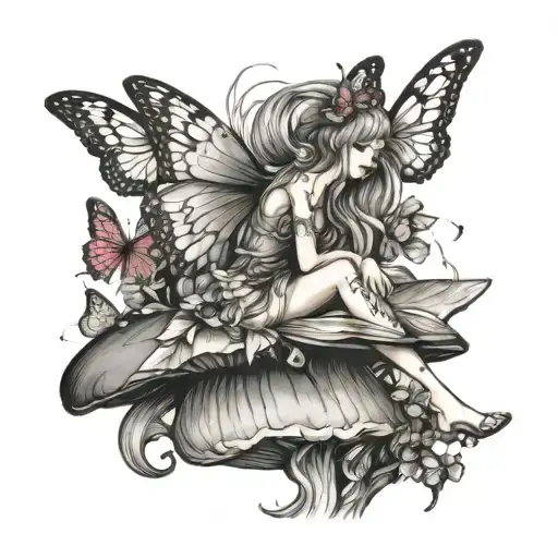 Fairy Sitting On A Mushroom Reading A Book With Butterflies Flying Around
