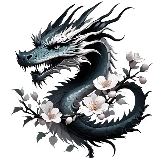 A Realistic Dragon With Cherry Blossom Flowers