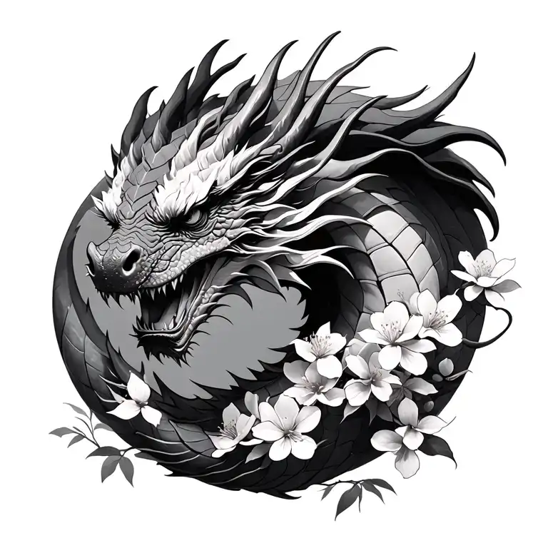 A Full Realistic Dragon With Cherry Blossom Flowers