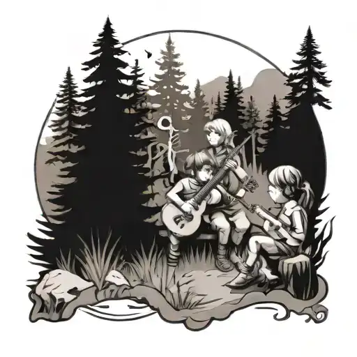 Design A Tattoo With A Forest Scene And Children Playing Music Instruments