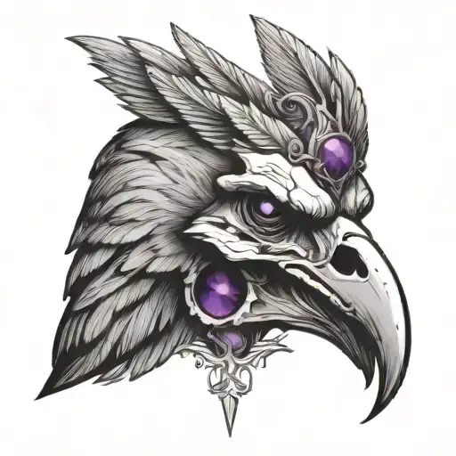 Skull Of A Raven Skull With Trinity Symbol In Eye And Amethyst In Mouth Tattoo