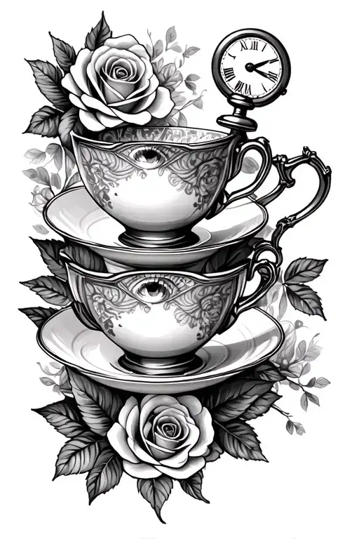 Tea Cups And A Pocket Watch Triangule Roses Al Eye