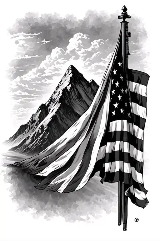 American Flag And Mountain Realism Style