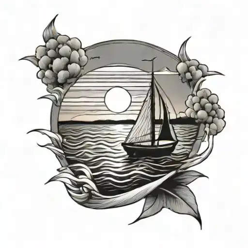 Boat Sailing A Peaceful Open Sea At Sunset