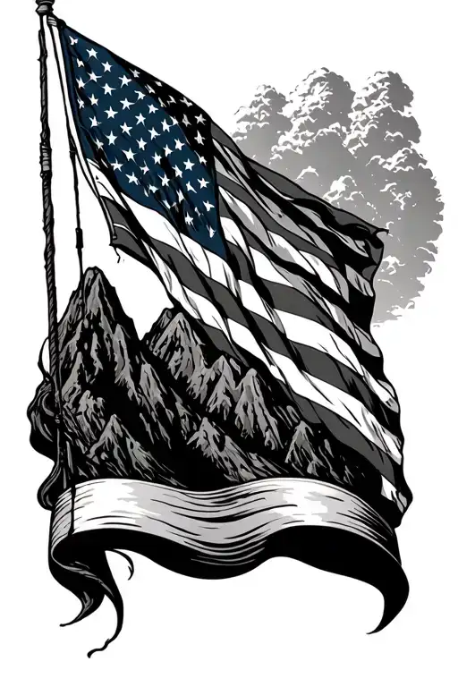 American Flag With No Pole And Mountain Realism Style