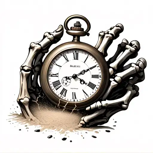 Broken Pocket Watch With Sand Flowing Into Skeletal Hands Would Tie