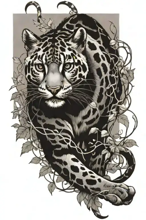 A Clouded Leopard Stretching With Vines Around It