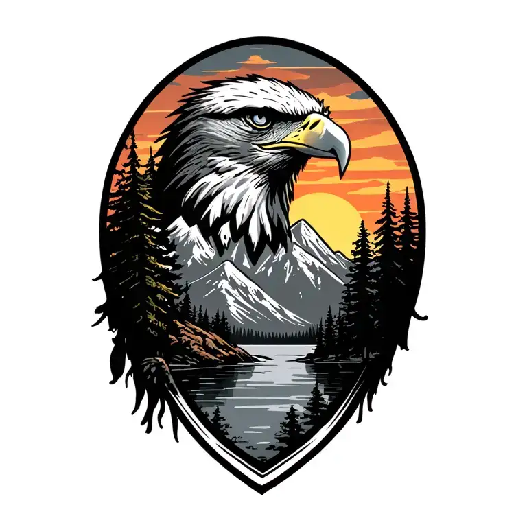 Eagle Head Above Mountain And Trees Colors Sunset Over Lake