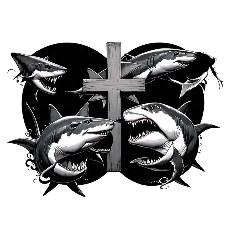 Cross Surrounded By Sharks Chasing Each Other