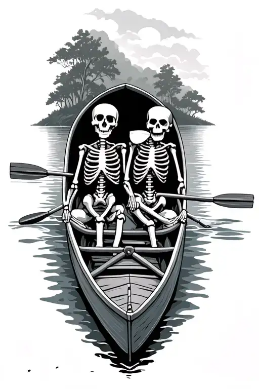 Two Skeletons Paddling A Canoe
