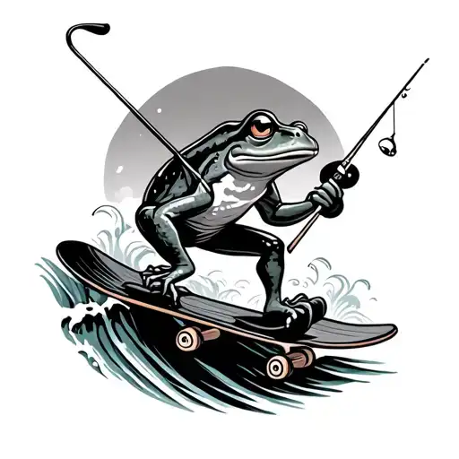 Frog On Skateboard With Golf Club And Fishing Pole On A Wave