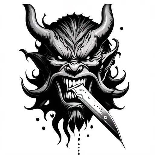 Oni Mask With A Knife In Ts Mouth