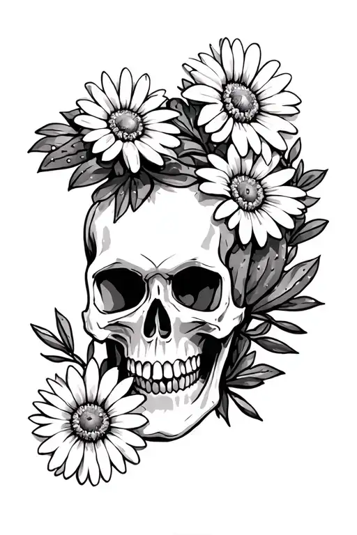 Western Skull And Cacti And Daisy Flower