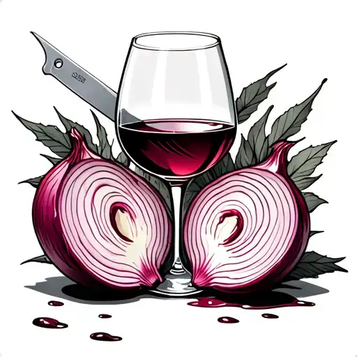 Knife Cutting An Onion In Half With A Glass Of Wine Thats Spilling In The Back