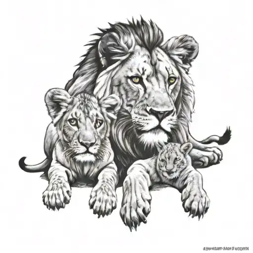 Lion And Cub Staring With Lioness Symbolizing Strength