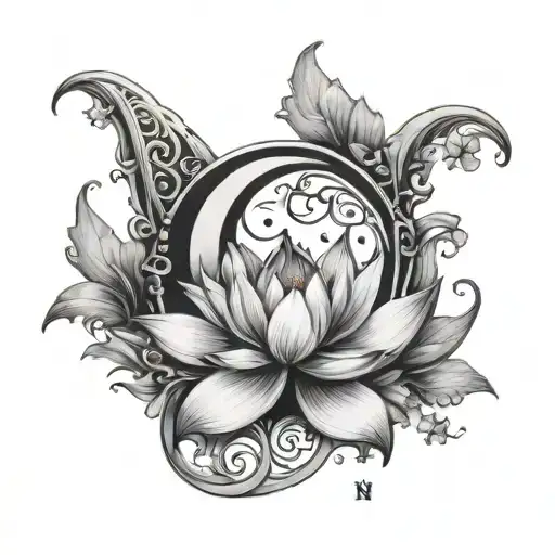 Crescent Moon With Lotus Flowers Intertwined And The Letter N In It