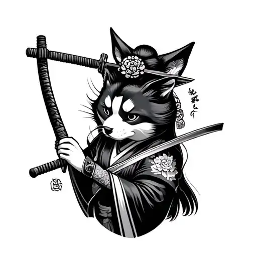 Fu Dog Geisha Holding A Katana