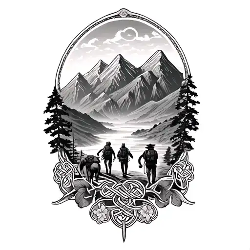 Celtic Clover Vine With Mountains And Two Hikers And Two Dogs